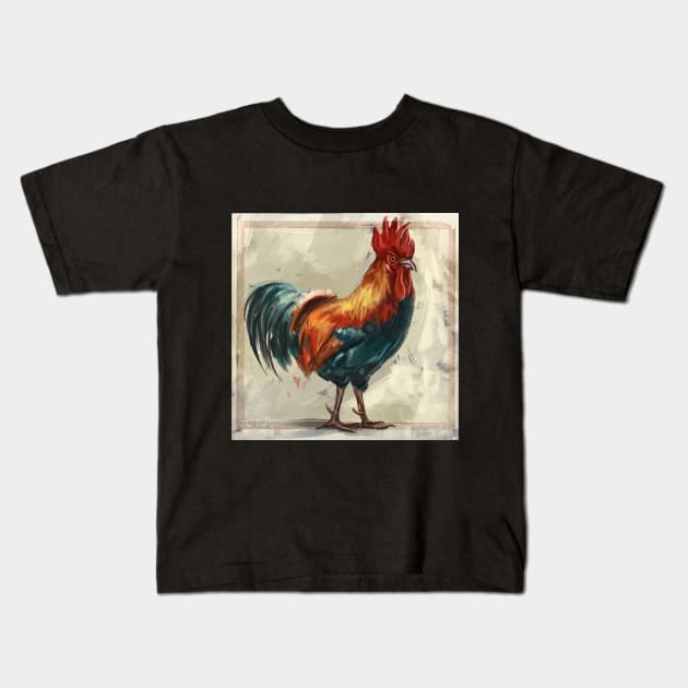 Colorful Rooster Painting on Beige Background - Here Comes The Rooster 2 Kids T-Shirt by ibadishi